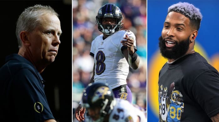 Todd Monken; Lamar Jackson stands and points; Odell Beckham Jr. smiles